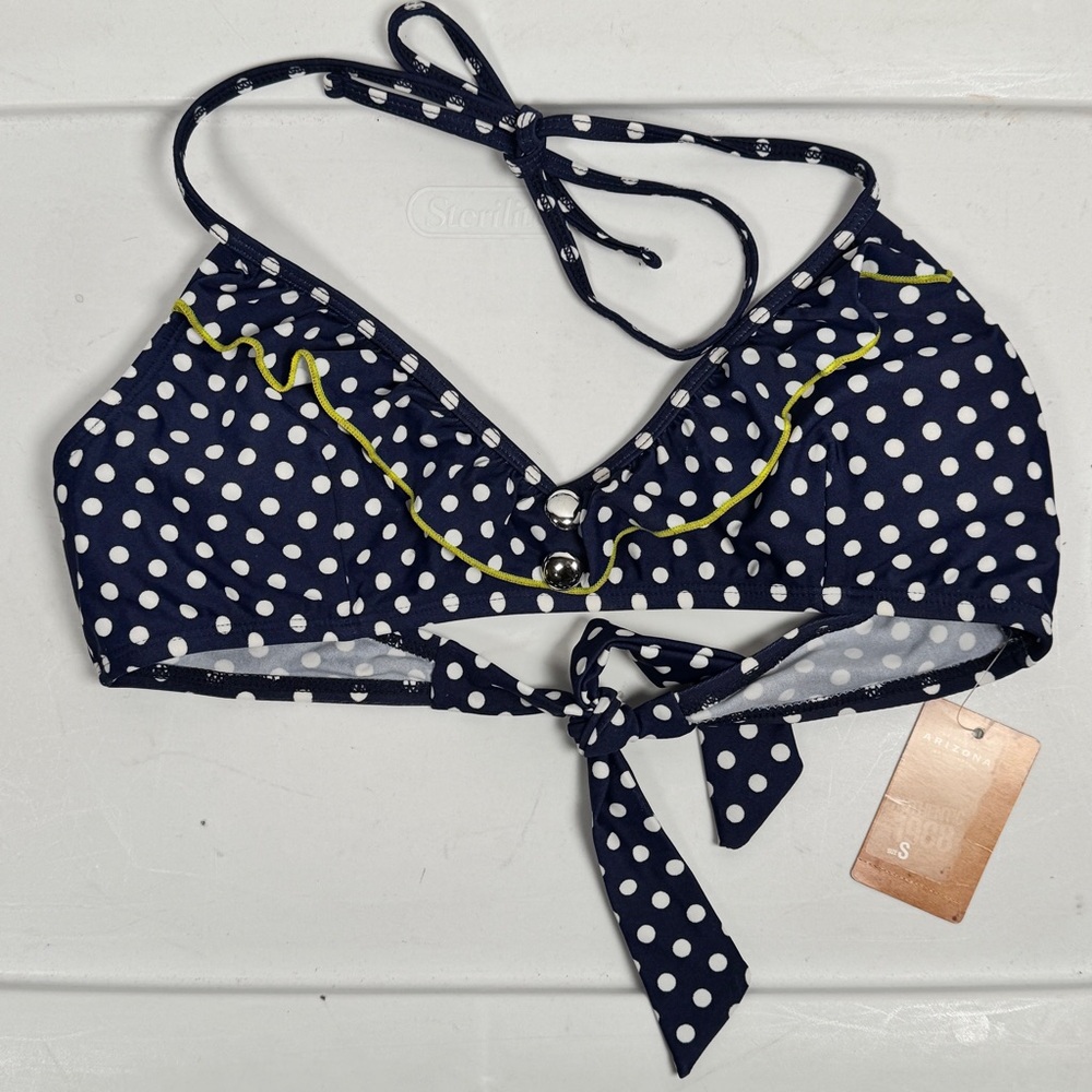 NWT $26 Arizona Jean Co. Navy Blue Polka Dot Ruffle‎ Bikini Top Tie Back Small